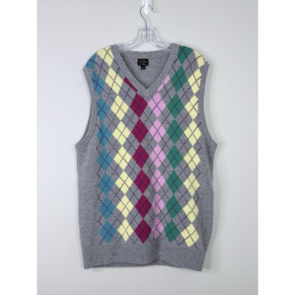 J.Crew Men's Cashmere Sweater-Vest Argyle Heather Steel Gray Multi Color Large